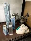 A BURLEIGH WARE WALL POCKET, THREE CARN POTTERY VASES AND RENNIE MACKINTOSH STYLE PEWTER VASE, AND