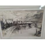 WILLIAM WALLCOTT EARLY 20th C. ENGLISH SCHOOL, A VIEW OF THE THAMES PENCIL SIGNED ETCHING 20 x