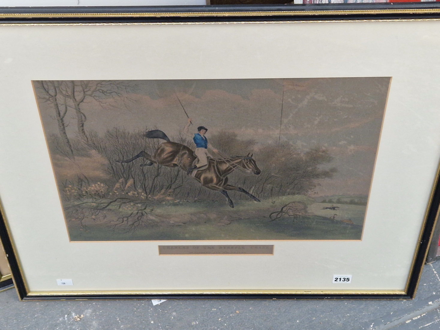 THREE ANTIQUE HAND COLOURED SPORTING PRINTS OF STEEPLE CHASE SCENES. 34 x 48cms, TOGETHER WITH A - Image 3 of 7
