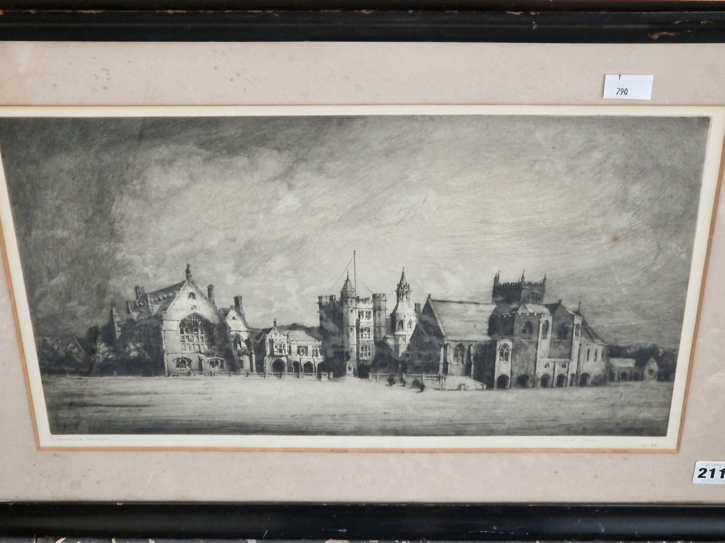 DOROTHY WOOLAND EARLY 20th C. ENGLISH SCHOOL, AN ETCHING OF CLIFTON COLLEGE GOTHIC REVIVAL SCHOOL
