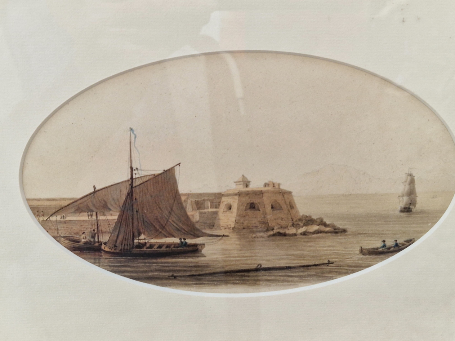 WILLIAM JAMES BENNETT 1787 - 1844, THE NEW MOLE - GIBRALTAR,, A WATERCOLOUR OVAL 12 x 21cms TOGETHER