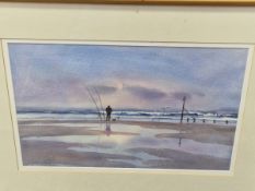 ANDREW KING (CONTEMPORARY SCHOOL) ARR. ANGLER, LOW TIDE OVER STRAND, SIGNED, WATERCOLOUR. 31 x