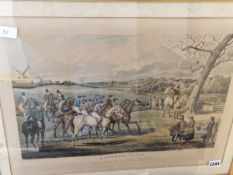 AFTER HENRY ALKEN SIX ANTIQUE HAND COLOURED STEEPLE CHASE PRINTS. TOGETHER WITH A PAIR OF CARRIAGE
