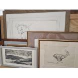THREE 20th C. SCHOOL EQUESTRIAN SUBJECTS BY DIFFERENT HANDS TOGETHER WITH A PENCIL SIGNED ETCHING
