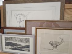 THREE 20th C. SCHOOL EQUESTRIAN SUBJECTS BY DIFFERENT HANDS TOGETHER WITH A PENCIL SIGNED ETCHING