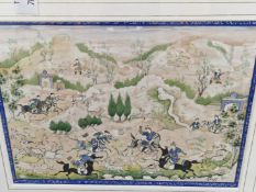 A PAIR OF INDO-PERSIAN MINIATURE WATERCOLOURS OF HUNTING SCENES. 15 X 20 CM (2)