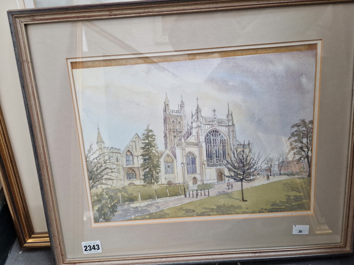 JOHN E. GRANSMORE (20th C. ENGLISH SCHOOL) ARR. GLOUCESTER CATHEDRAL, WATERCOLOUR. 26 x 36cms - Image 2 of 7