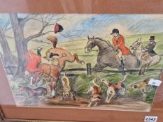 SIBYL BURNEY (CONTEMPORARY SCHOOL) ARR. TAKING THE FENCE, SIGNED, WATERCOLOUR. 27 x 36cms TOGETHER