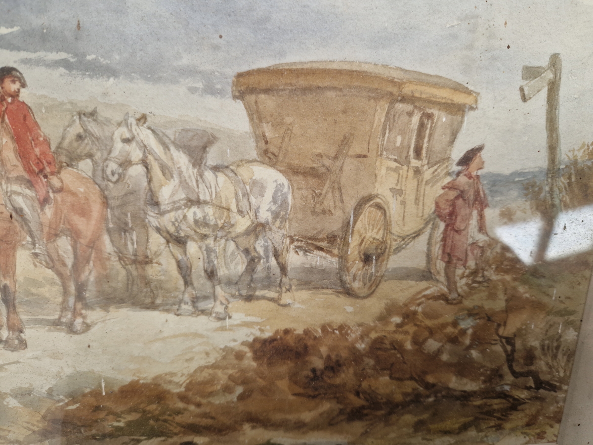 CHARLES CATTERMOLE (1832-1900) A COACHING SCENE, SIGNED, WATERCOLOUR. 21 x 33cms TOGETHER WITH A - Image 7 of 8