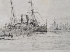 W. L WYLLIE. 1851 - 1931. ENGLISH SCHOOL. TWO PENCIL SIGNED ETCHING "COLLIERS UNLOADING IN THE MEDWA