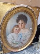 J. M. HEATON (LATE 19th C. ENGLISH SCHOOL) GILT FRAMED OVAL PORTRAIT OF A MOTHER AND DAUGHTER,