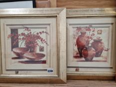 A PAIR OF CONTEMPORARY MIXED MEDIA STILL LIFE PICTURES, SIGNED INDISTINCTLY. 28 x 28cms (2)