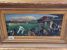 LATE 20th C. ENGLISH, THE EDWARDIAN CRICKET MATCH, OIL ON PANEL. 19 x 39.5cms.