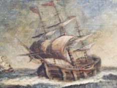 A DECORATIVE MARINE PAINTING AFTER THE OLD MASTERS, OIL ON CANVAS LAID DOWN SIGNED INDISTINCTLY.