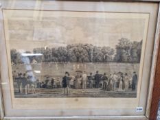AFTER H. BROOKS A PENCIL SIGNED VINTAGE FOLIO PRINT OF A CRICKETING SCENE. 46 x 62cms TOGETHER