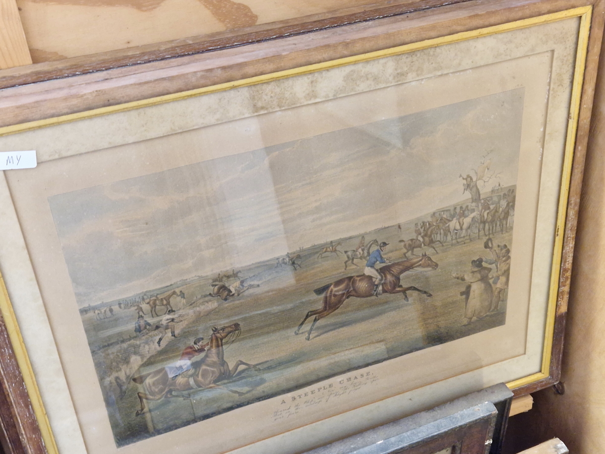 AFTER HENRY ALKEN SIX ANTIQUE HAND COLOURED STEEPLE CHASE PRINTS. TOGETHER WITH A PAIR OF CARRIAGE - Image 6 of 7