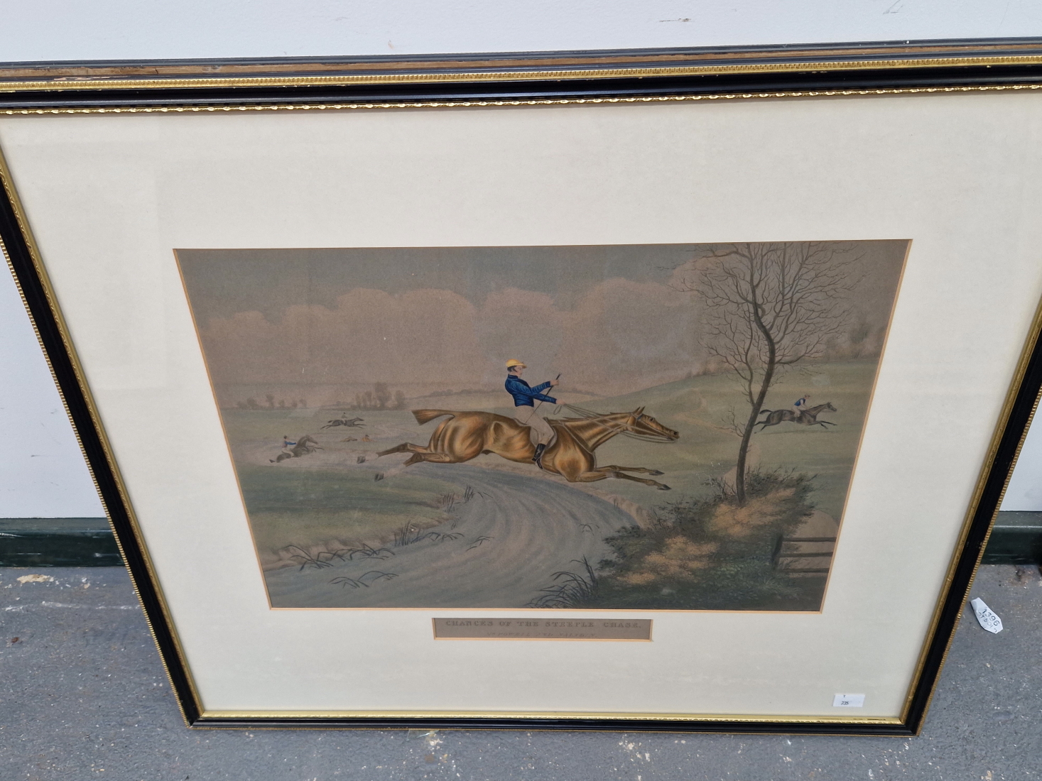 THREE ANTIQUE HAND COLOURED SPORTING PRINTS OF STEEPLE CHASE SCENES. 34 x 48cms, TOGETHER WITH A - Image 7 of 7