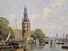 20th C. CONTINENTAL SCHOOL A VIEW OF AMSTERDAM, SIGNED INDISTINCTLY, OIL ON CANVAS. 56 x 86cms
