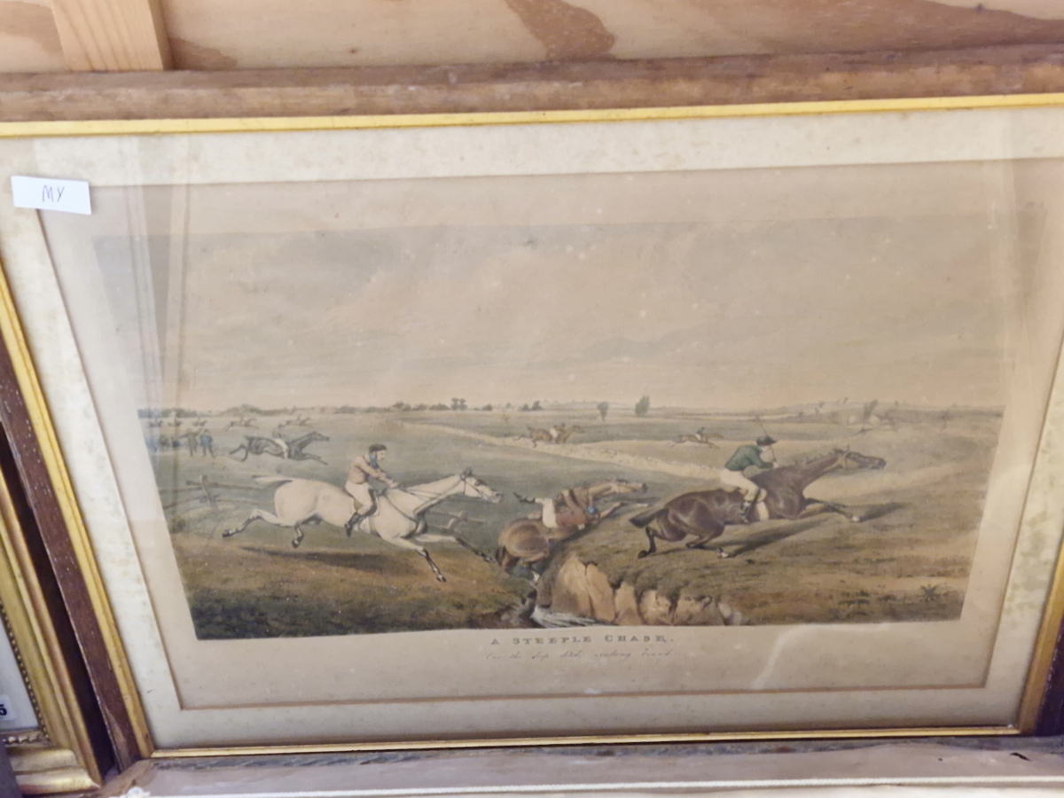 AFTER HENRY ALKEN SIX ANTIQUE HAND COLOURED STEEPLE CHASE PRINTS. TOGETHER WITH A PAIR OF CARRIAGE - Image 3 of 7