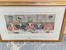 A COMIC COLOUR PRINT MR FOX'S HUNT BREAKFAST ON XMAS DAY. 31 X 56cms TOGETHER WITH A COACHING