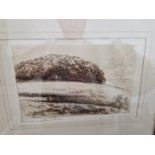 TWO EARLY 20th C. ENGLISH PENCIL SIGNED LANDSCAPE ETCHINGS, BOTH SIGNED INDISTINCTLY. LARGEST 11 x