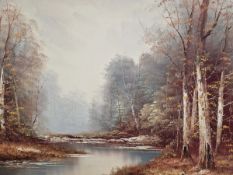 A DECORATIVE 20th C. PAINTING OF A RIVER VIEW, SIGNED INDISTINCTLY, OIL ON CANVAS. 50 x 76cms