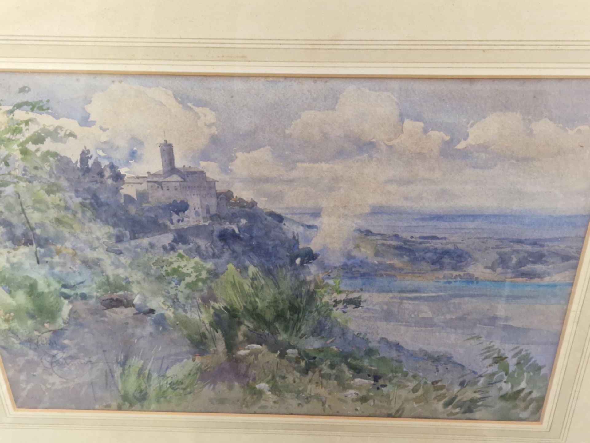 20th C. ENGLISH SCHOOL A CONTINENTAL COASTAL LANDSCAPE, SIGNED INDISTINCTLY, WATERCOLOUR. 38 x 54cms