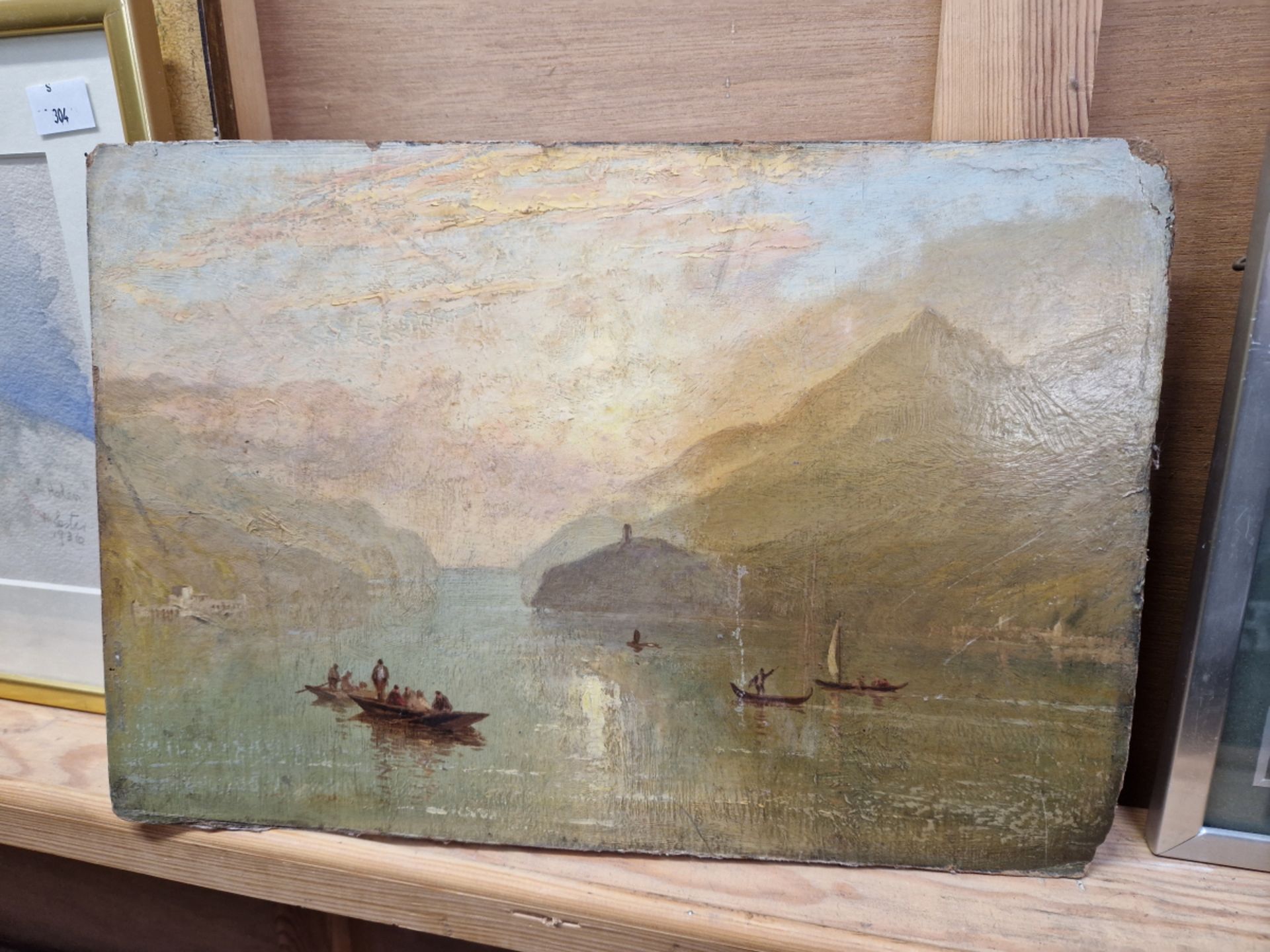 19th C. SCHOOL A CONTINENTAL LAKE VIEW, OIL ON BOARD, UNFRAMED 24 x 35cms - Image 4 of 9