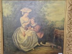 A DECORATIVE OIL PAINTING OF A COURTING COUPLE IN 18th C. DRESS, OIL ON CANVAS. 45 x 51cms