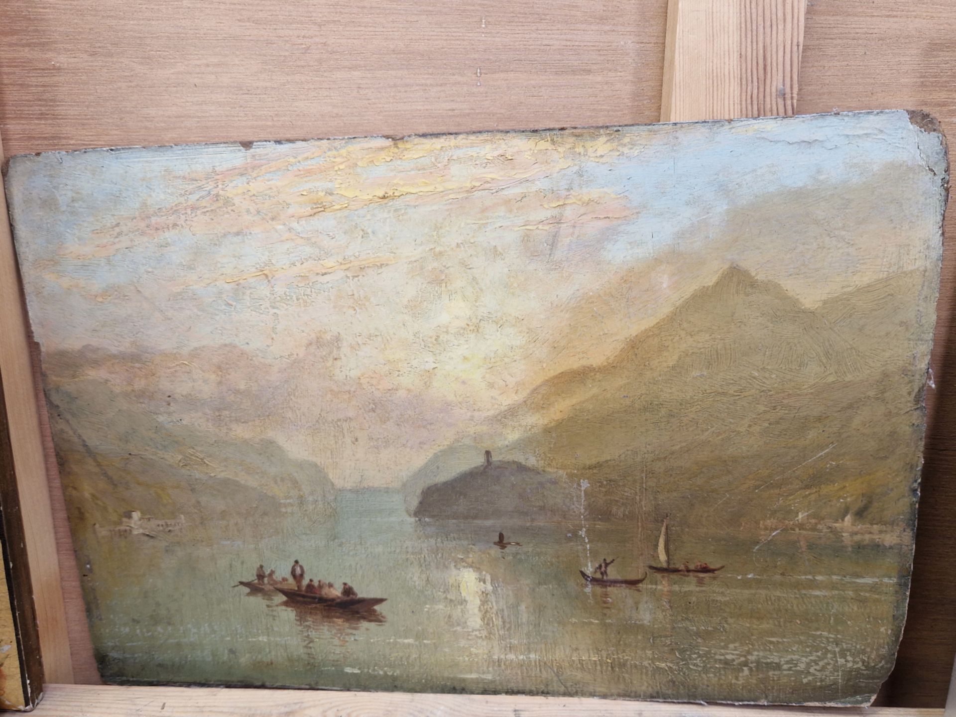 19th C. SCHOOL A CONTINENTAL LAKE VIEW, OIL ON BOARD, UNFRAMED 24 x 35cms - Image 2 of 9