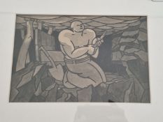 GEORGE BISSIL ( 1896-1973) ARR- A MINER AT WORK WITH PICK AXE AT THE COAL FACE. INK AND GREY WASH