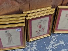A GROUP OF EIGHT 20th C. WATERCOLOUR COSTUME DESIGNS, GILT FRAMES. 20 x 14cms (8)