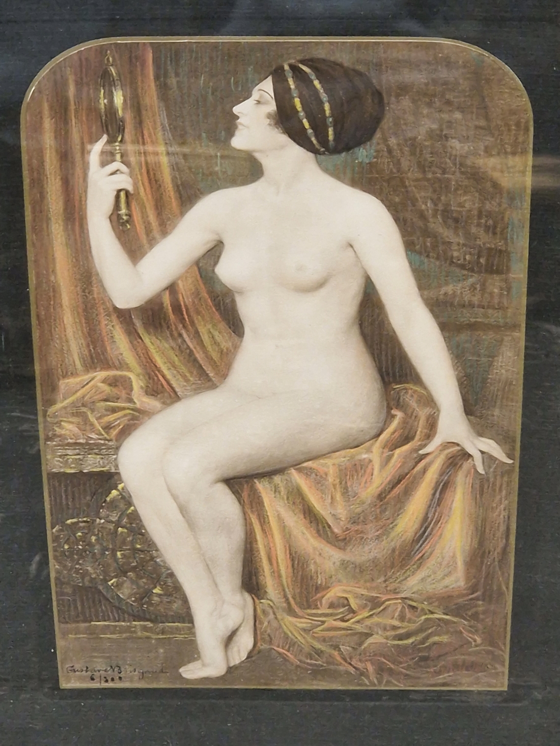 AFTER GUSTAVE BRISGAND 1867 - 1944. VANITY, LIMITED EDITION COLOUR PRINT 28 x 16cms