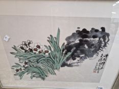 20th C. ORIENTAL SCHOOL A FLORAL STUDY, WATERCOLOUR. 35 x 48cms TOGETHER WITH FOUR DECORATIVE