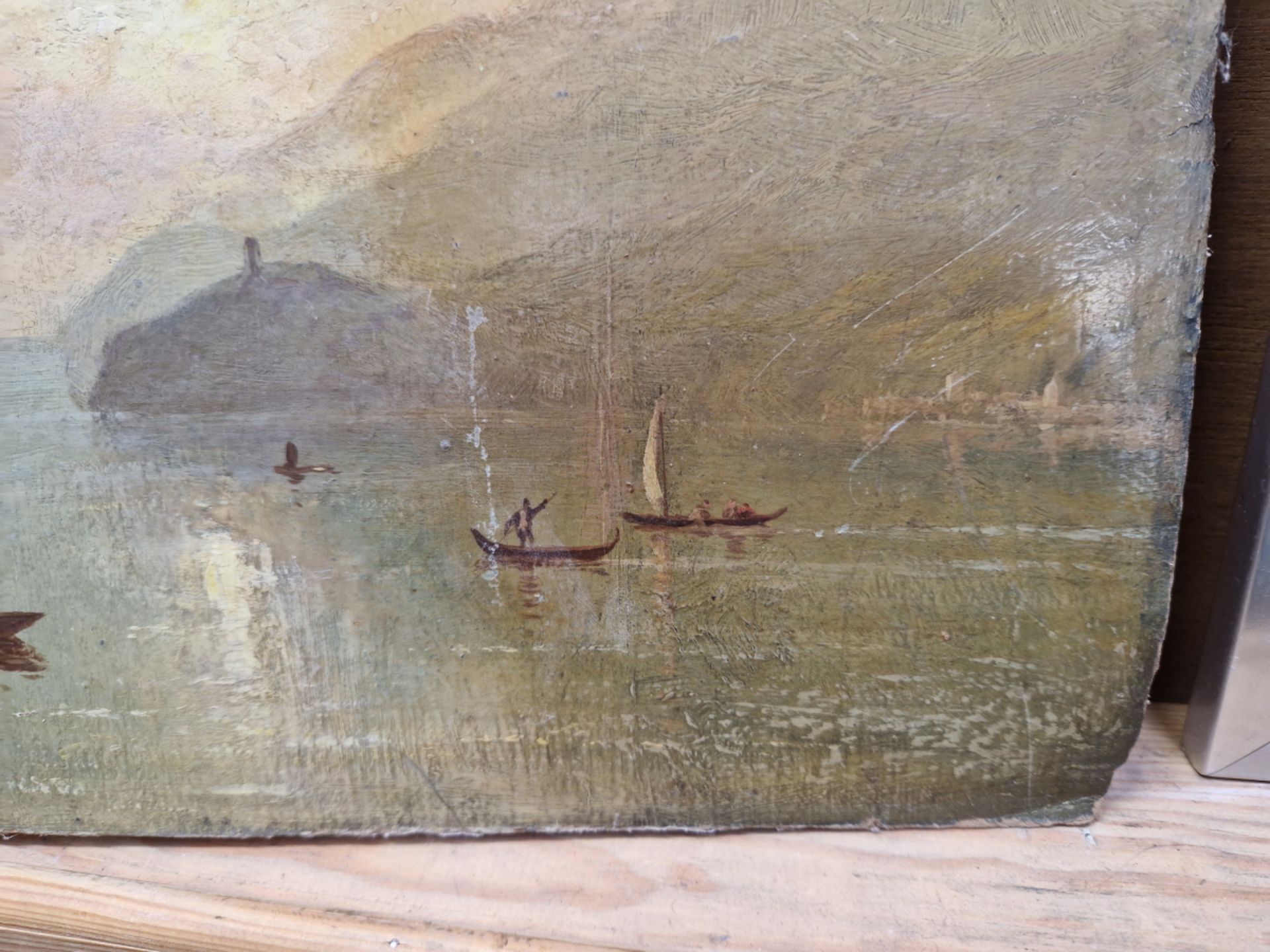 19th C. SCHOOL A CONTINENTAL LAKE VIEW, OIL ON BOARD, UNFRAMED 24 x 35cms - Image 8 of 9