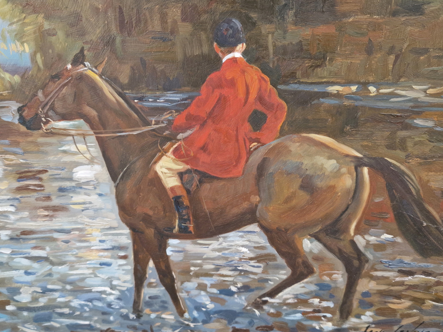 JACK LEVINE CONTEMPORARY SCHOOL ARR. CROSSING THE RIVER. SIGNED OIL ON BOARD. 30 x 40cms, TOGETHER