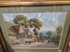 F. STUBBINGS 20th C. ENGLISH SCHOOL THE FARM YARD, SIGNED, OIL ON BOARD. 36 x 48cms TOGETHER WITH