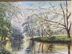 P. WHEAT (CONTEMPORARY SCHOOL) ARR. A RIVER VIEW, SIGNED, OIL ON BOARD. 39 x 50cms