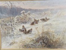 20th C. ENGLISH SCHOOL GAME BIRDS IN SNOW, SIGNED INDISTINCTLY, OIL ON BOARD. 34 x 48cms