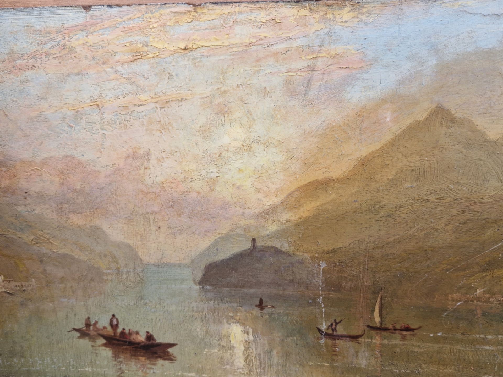 19th C. SCHOOL A CONTINENTAL LAKE VIEW, OIL ON BOARD, UNFRAMED 24 x 35cms
