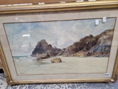 W. CASLEY 19th/20th C. A COASTAL SCENE, SIGNED INDISTINCTLY, WATERCOLOUR. 34 x 60cms TOGETHER WITH A