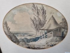 EARLY 19th C. CONTINENTAL SCHOOL, A EXTENSIVE LANDSCAPE VIEW IN A OVAL MOUNT. 25 x 30cms