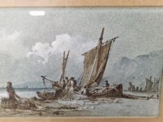 19th C. ENGLISH SCHOOL FISHER FOLK ON THE BEACH, PAIR OF WATERCOLOURS TOGETHER WITH A WATERCOLOUR OF