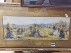 19th/20th C. ENGLISH SCHOOL HAYSTACKS, SIGNED INDISTINCTLY, WATERCOLOUR. 19 x 50cms TOGETHER WITH
