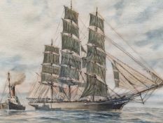 20th C. ENGLISH SCHOOL A SAILING SHIP WITH PILOT BOAT, WATERCOLOUR. 31 x 39cms TOGETHER WITH THREE