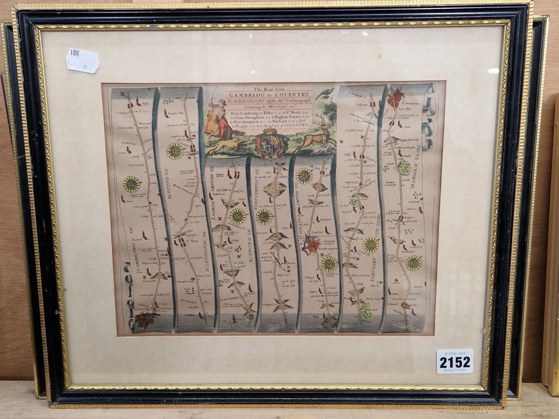 AN ANTIQUE HAND COLOURED STRIP MAP AFTER JOHN OGILBY, THE ROAD FROM CAMBRIDGE TO COVENTRY. - Image 2 of 5