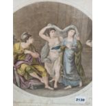 TWO HAND COLOURED PRINTS AFTER ANGELICA KAUFFMAN OF CLASSICAL SUBJECTS. AND TWO OTHER PRINTS BY