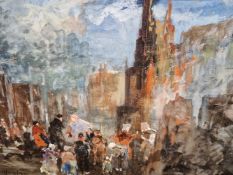 20th C. CONTINENTAL SCHOOL, FIGURES AMIDST RUINS. SIGNED INDISTINCTLY WATERCOLOUR ON PAPER. 26 X