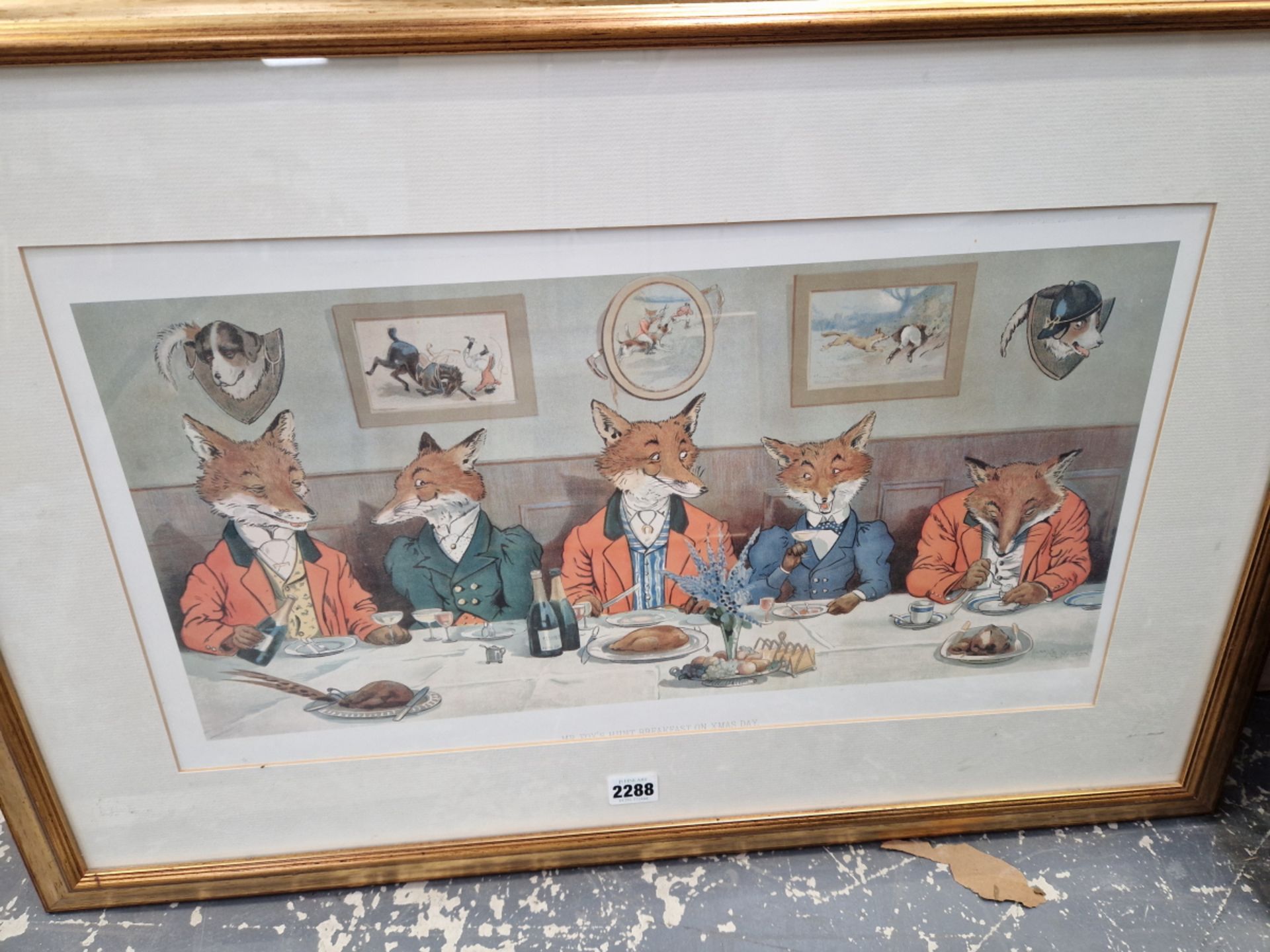 A COMIC COLOUR PRINT MR FOX'S HUNT BREAKFAST ON XMAS DAY. 31 X 56cms TOGETHER WITH A COACHING - Image 2 of 4