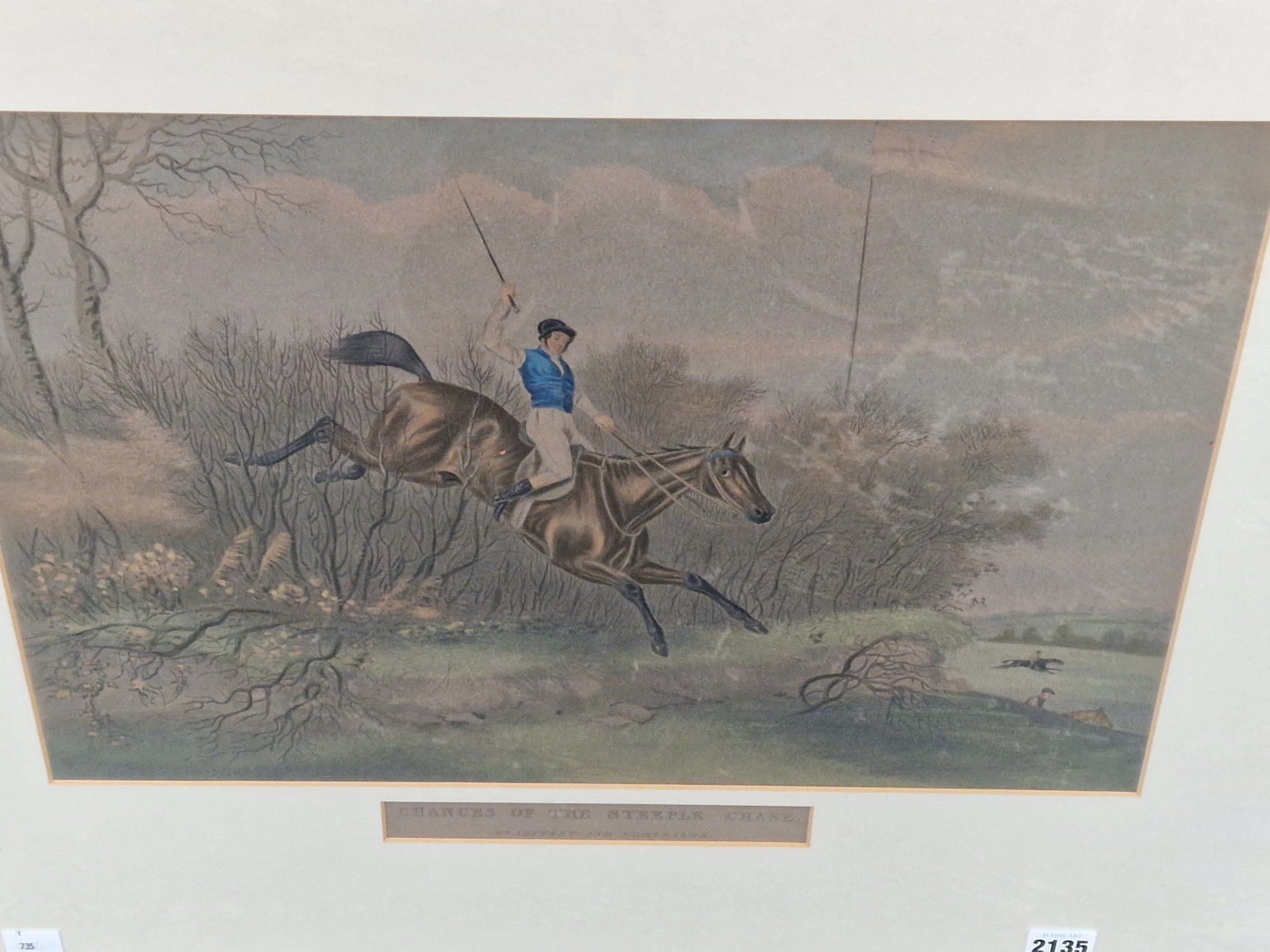 THREE ANTIQUE HAND COLOURED SPORTING PRINTS OF STEEPLE CHASE SCENES. 34 x 48cms, TOGETHER WITH A - Image 2 of 7